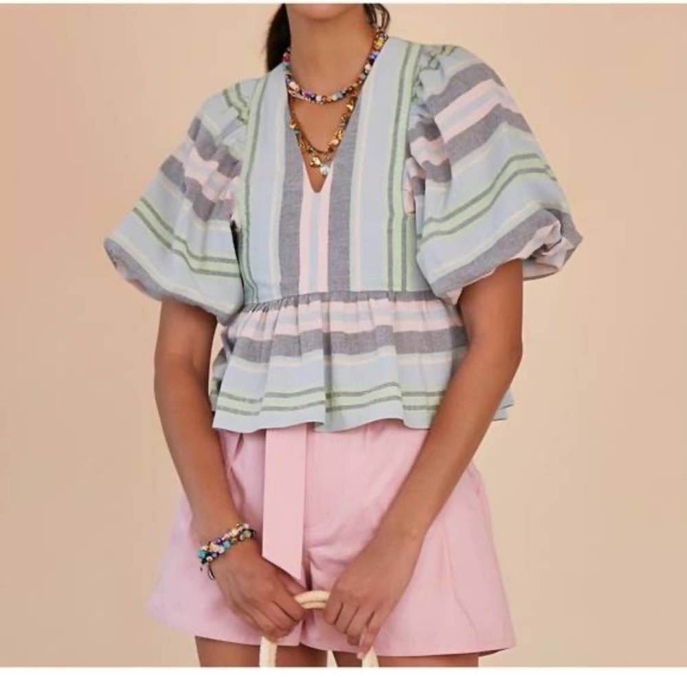 HUNTER BELL Pastel Stripe Peplum Blouse in Mint, Pink, Gray